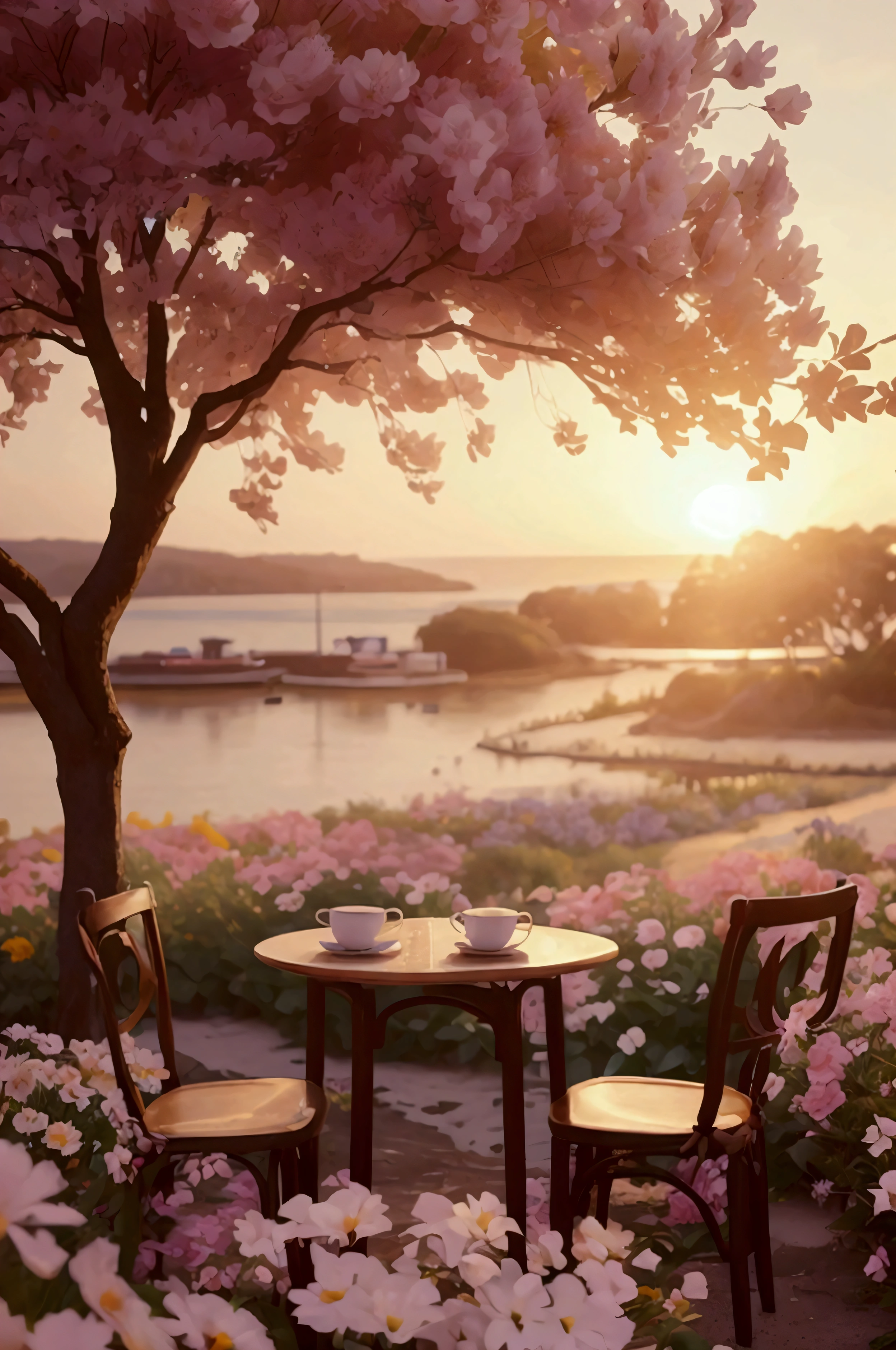 A stunning, professionally captured scene of a charming coffee truck parked amidst a vast, blooming flower field. The vibrant colors of the flowers stretch out in all directions, creating a breathtakingly romantic and serene atmosphere. Surrounding the truck are a few elegantly set tables and chairs for customers to sit and enjoy their coffee, perfectly integrated into the natural landscape. The composition is beautifully balanced, with the coffee truck at the heart of the scene, and the endless sea of flowers gently swaying in the breeze. Soft, golden sunlight bathes the entire setting, enhancing the poetic and tranquil mood, making the viewer feel completely immersed in the harmony between nature and this idyllic, picturesque café experience.