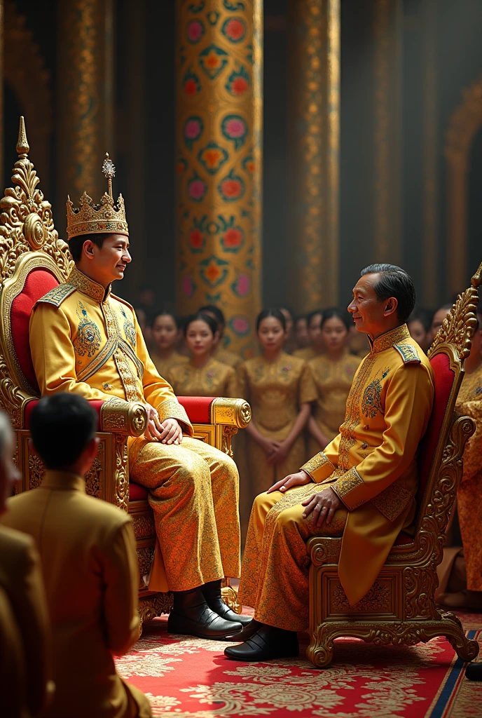 King Rama III was seated on a palanquin within the imperial audience hall, the Chakkraphat Phiman. He was adorned in a magnificently embroidered golden robe, a hallmark of the Siamese royal court, adorned with intricate gold patterns and vibrant colors. He was engaged in conversation with the British envoy, who was seated on a lower chair. Thai nobles, dressed in elegantly embroidered golden floral-patterned court attire, were kneeling around them in a well-ordered manner
