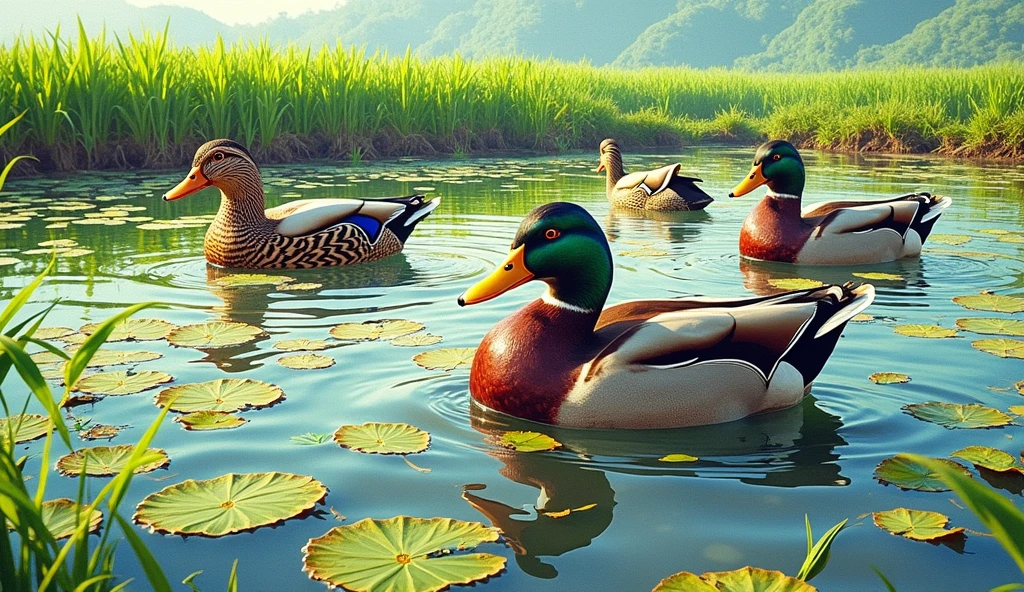 a free range duck farm on a rice field, ducks swimming in a pond, lush green rice plants, natural lighting, serene countryside landscape, beautiful detailed eyes, beautiful detailed feathers, extremely detailed ducks, photorealistic, 8k, ultra-detailed, best quality, masterpiece, vibrant colors, cinematic lighting, golden hour, natural environment, rural scenery