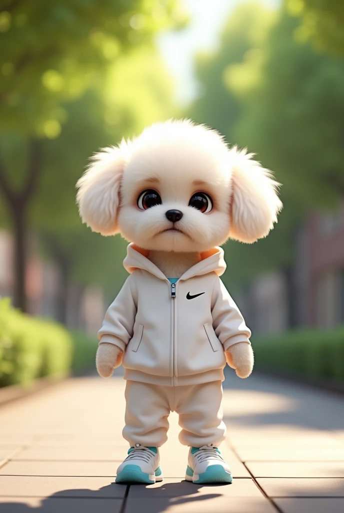 Create na image of a small dog with fluffy fur, with features similar to a bichon firsé or maltese, positioned standing in an anthropomorphic pose, as if walking on two legs. The dog is wearing a white sweatshirt set with hood, which has a small, discreet nike logo on the left side of the chest. The set includes white sweatpants that match perfectly with the sweatshirt and are fitted comfortably to the dog’s body. Which have light blue details such as the logo and the edge of the sole. The scene takes place on a sidewalk on the edge of a environment includes some green trees and appears, be a sunny day with mild weather, as the lighting in the image is bright and well distributed, creating soft shadows. The dog’s expression is neutral, with large, round eyes, creating an adorable and slightly funny look due to the outfit and posture, humanized