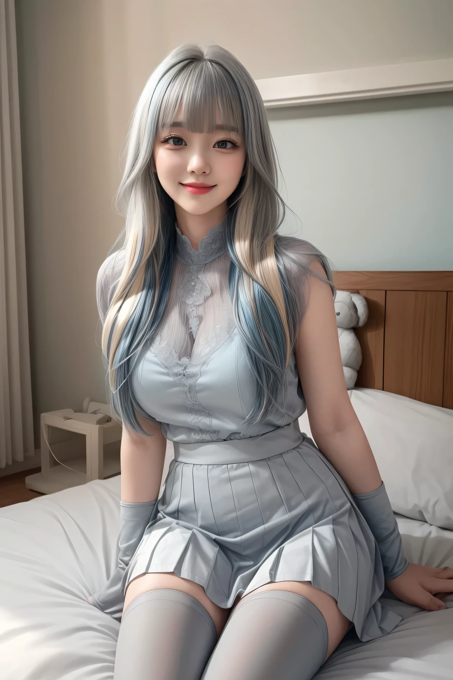 (sitting cross-legged on the bed)、Mature Woman、Light blue hair、((Light grey hair))、(((Two-tone hair)))、Black taupe dress with delicate light blue decoration、Slender women、Cute Woman、 8K Ultra HD,Detailed face、Delicate texture, Long Hair、(((Blunt bangs)))、(((Drill Hair)))、Tutu skirt、Thigh-length tights、short boots、((Oriental router))、mini skirt、A room in a Western-style building、((Delicate photo))，(Girl Astepeace RAW Photo Details:1.25), (Highest quality:1.6), (Ultra-high resolution:1.5), (Realistic:1.75), 8k resolution, Canon EOS R5, 50mm, Absurd, Very detailed,Cinema Lighting、((stuffed toy:1.3))、Browsing Caution:1.5(Full Body Shot)、(smile)、