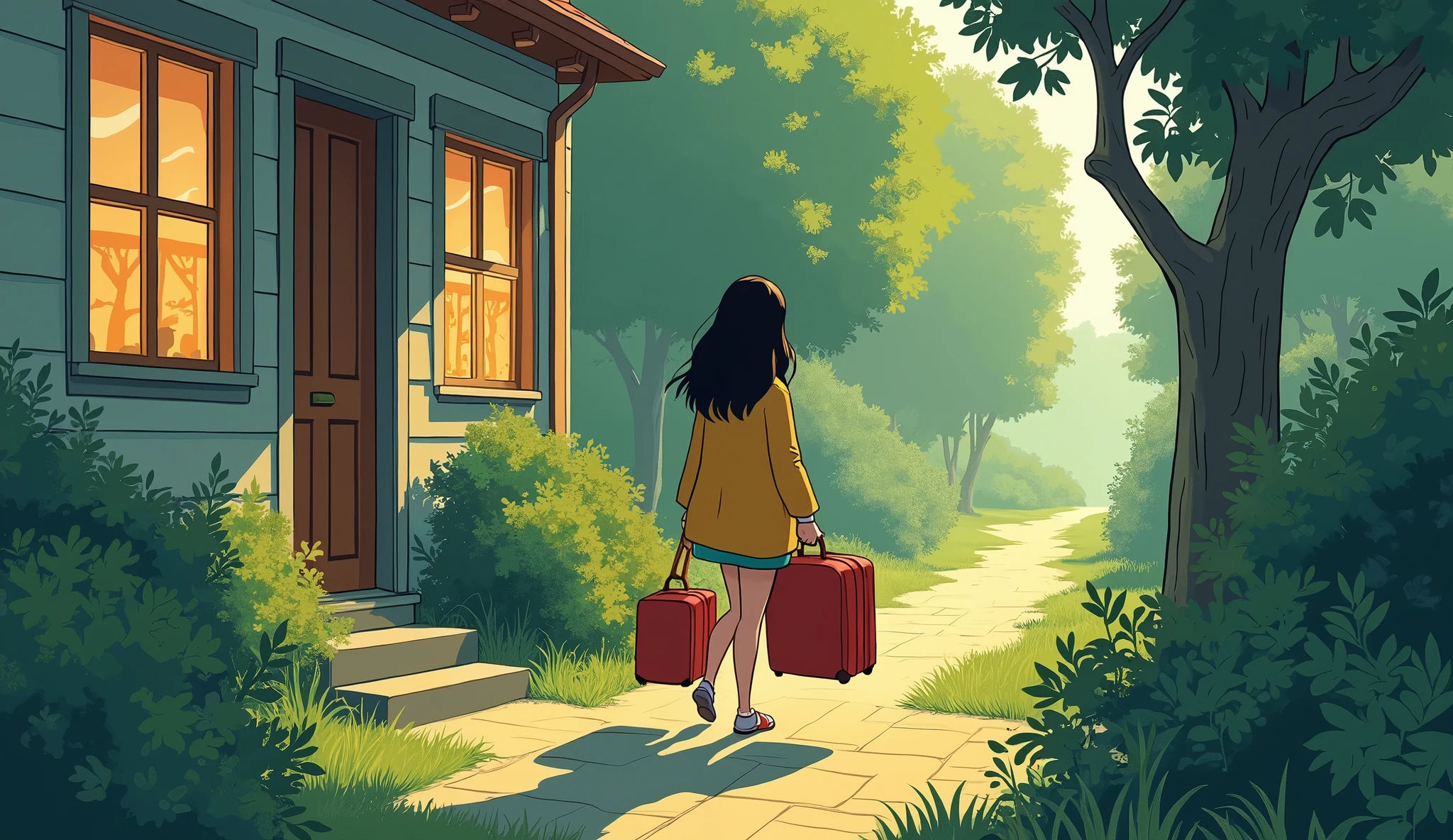 a young woman leaving the house with suitcases,studio ghibli art style,studio ghibli art style,studio ghibli art style,studio ghibli art style
