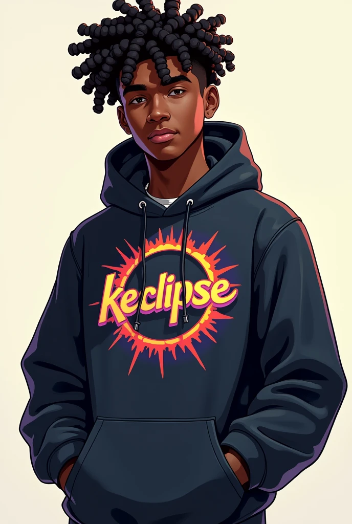 A black man with curly hair who has a hoodie and knows that it says KEclipse with an eclipse of the theme of the young gamige who looks more animated masculine
