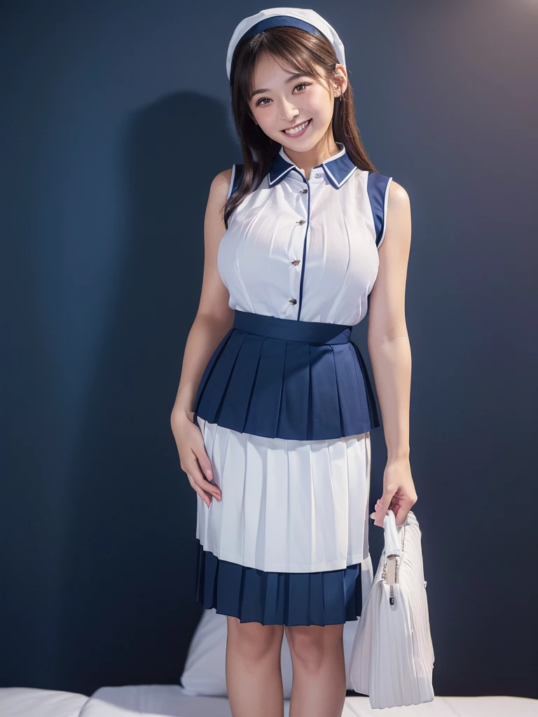 (Highest quality:1.5)、(masterpiece:1.5)、(8k:1.5)、(Big Breasts:1.35)、(Sleeveless white business shirt:1.5)、(Very short pleated skirt in dark blue color:1.5)、(Waitress Uniform:1.5)、(Slender:1.2)、(Blushing:1.5)、(Feeling embarrassed:1.5)、(smile:1.5)、(The background is the hotel:1.7)、whole body、Hotel Bed、(Erect nipples:1.3)、(Thin and beautiful legs:1.3)