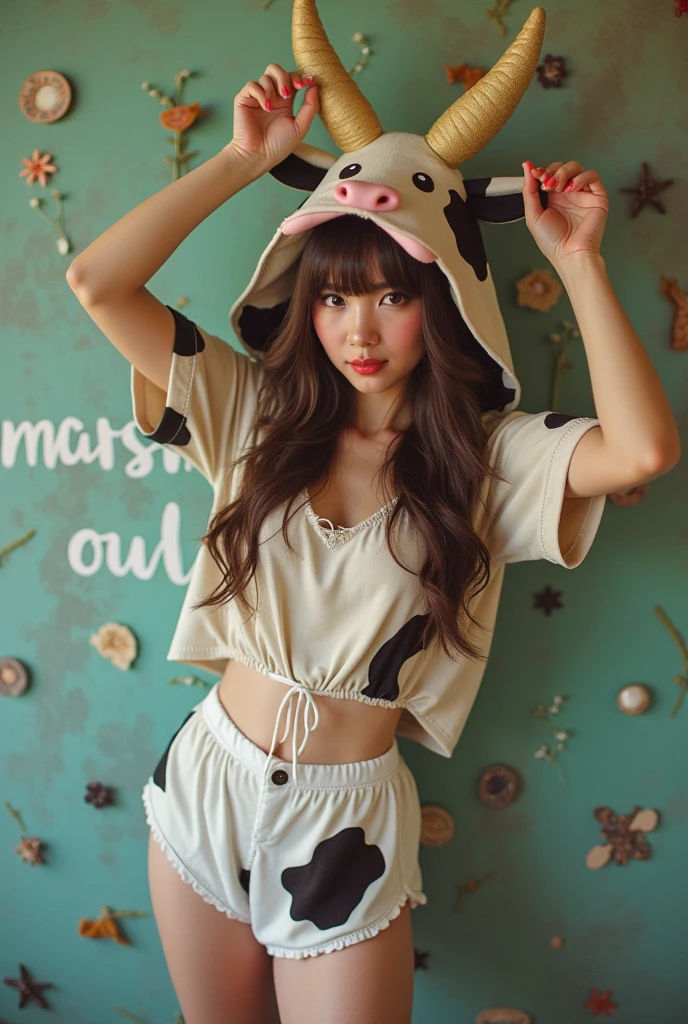 A woman in a cow costume is posing for a photo., Unclear message "Marsha" On the wall, Inspired by Edo Murtic, Tumblr, Beautiful bikini model, Barbie Anime, An incredibly cute and realistic bunny girl inspired by Nier. : Automata