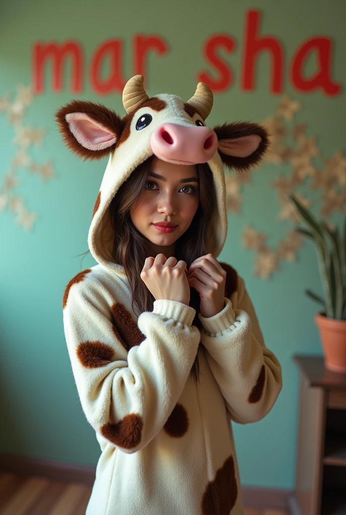 A woman in a cow costume is posing for a photo., Unclear message "Marsha" On the wall, Inspired by Edo Murtic, Tumblr, Beautiful bikini model, Barbie Anime, An incredibly cute and realistic bunny girl inspired by Nier. : Automata