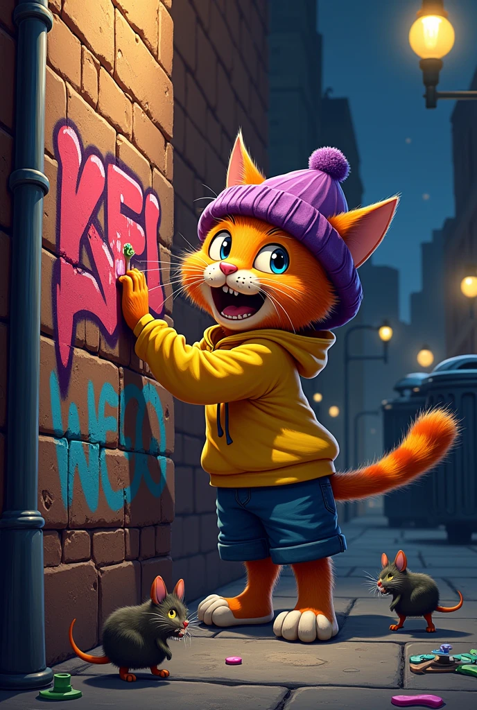 A cat similar in style to Frajola but in orange and black wearing a yellow sweatshirt with a purple hat making graffiti in the style of bomb written Cris on a brick wall at night illuminated by streetlights and in the scene some mice and full trash cans