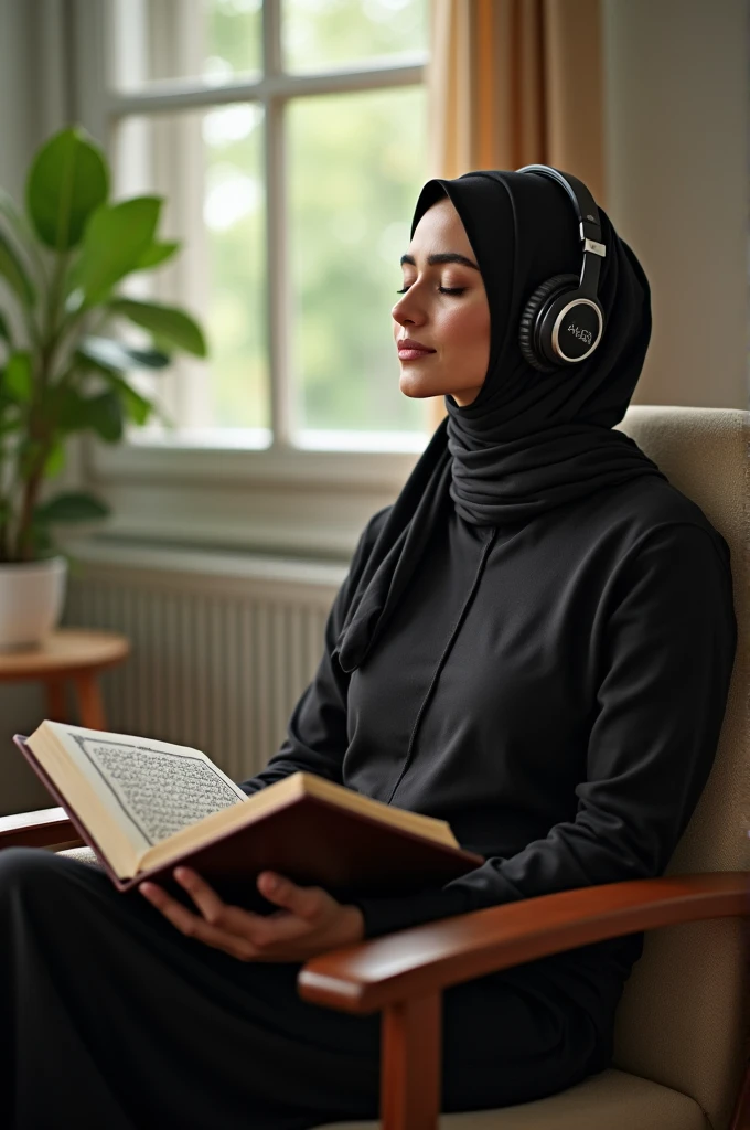 A photo of Muslim woman listening Quran with headphones smoothly on relaxing chair closed eyes 
