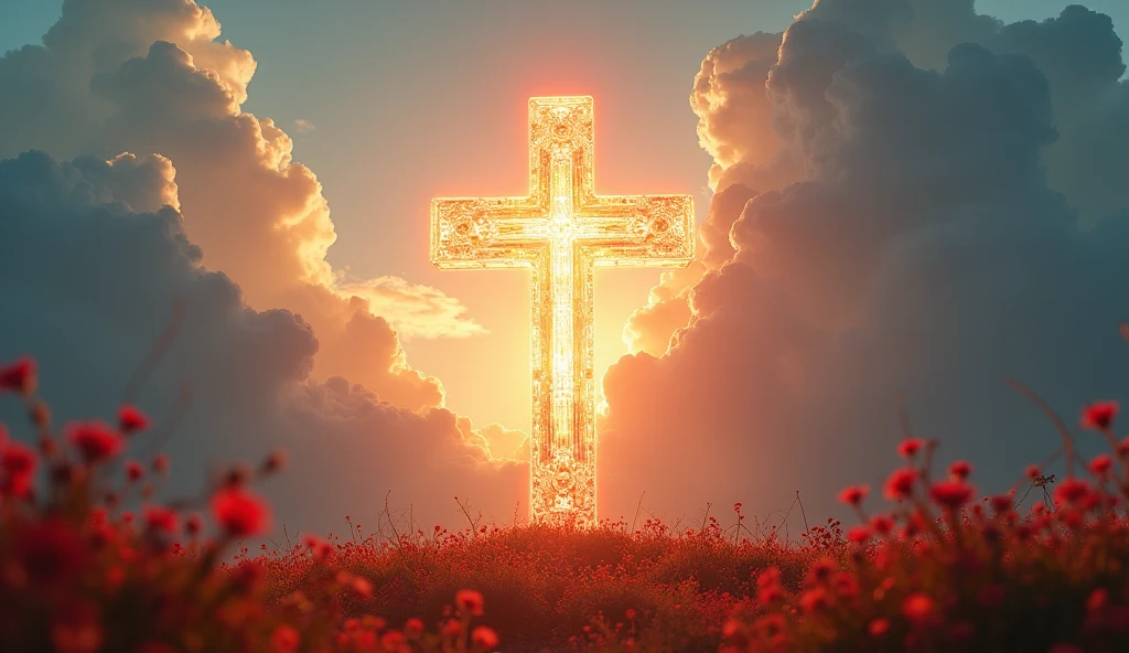 an image of a transparent/clear glowing cross in middle, the Cross is very clear and transparent, it is very shiny and glowing, beautiful landscape FOREGROUND with red flowers, dramatic huge cloud background, sunset, very low angle camera shot, daytime,