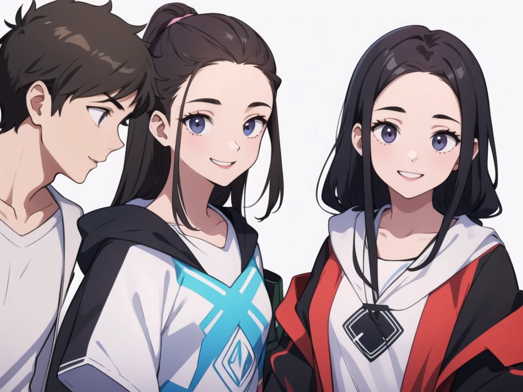 One teenage boy, one teenager girl. They are all smiling and looking at me. background is plain white. whole body. 