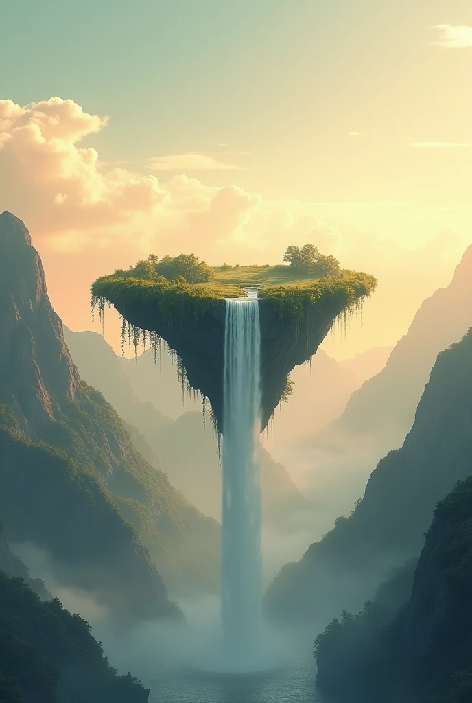 Image of a floating island in the sky that is surreal, There is a waterfall, stillness, peace, (best quality,4K,8ก,height,Masterpiece:1.2),Very detailed,(realistic,photorealistic,photo-realistic:1.37),Stunning mountain landscapes,Serene atmosphere,Warm golden light,Amazing sky with clouds, ,Beautiful scenery