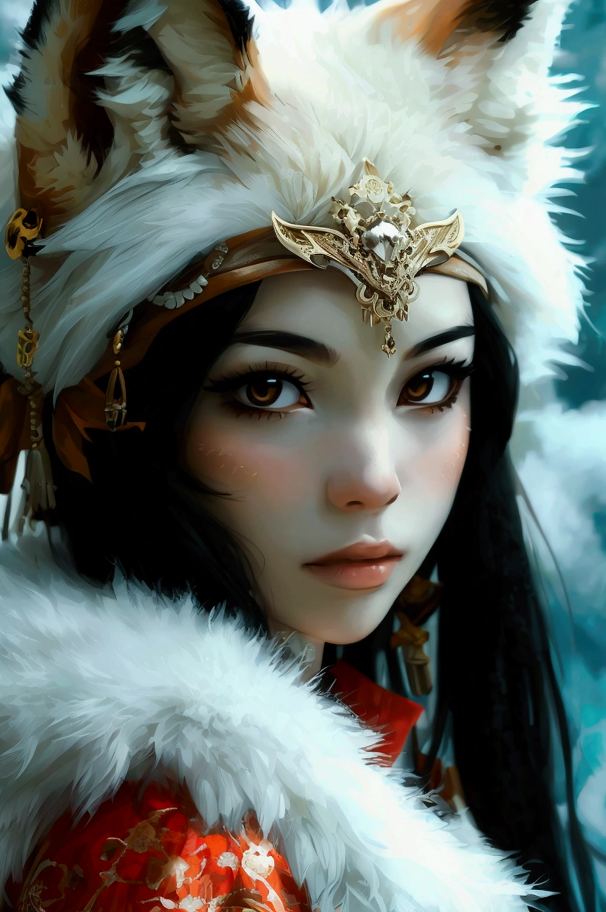 Kitsune, adult female half fox, white fur, long black hair, white fox ears, long fox snout, pirate clothing, manipulating ice around her