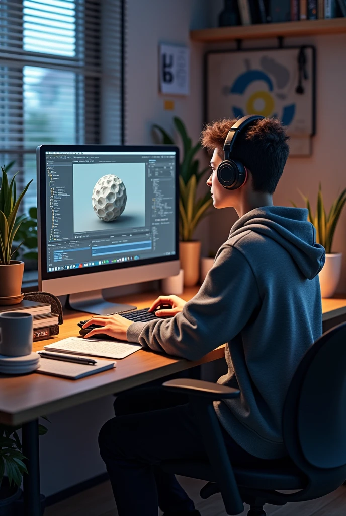 Create a highly detailed and realistic image of a modern workspace where a person is engaged in 3D modeling using Blender software on a computer. The scene should include a desk with a large monitor displaying the Blender interface, showing a 3D model being edited. The person, a young adult, is seated at the desk, dressed casually, wearing headphones, and focused on the screen. They are using a mouse and keyboard to interact with the software. The workspace should also feature elements like a coffee mug, sketchpads, and Blender-related books, highlighting a creative and professional environment."