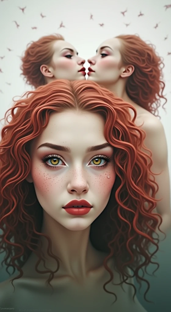 Create an image of a 2 woman with honey eyes, curly red hair, white skin, long shapely legs, wide hips, big breasts, red eyebrows, thin red eyelashes, long perfect lips, fine freckles all over her body, eyes on her cheeks.