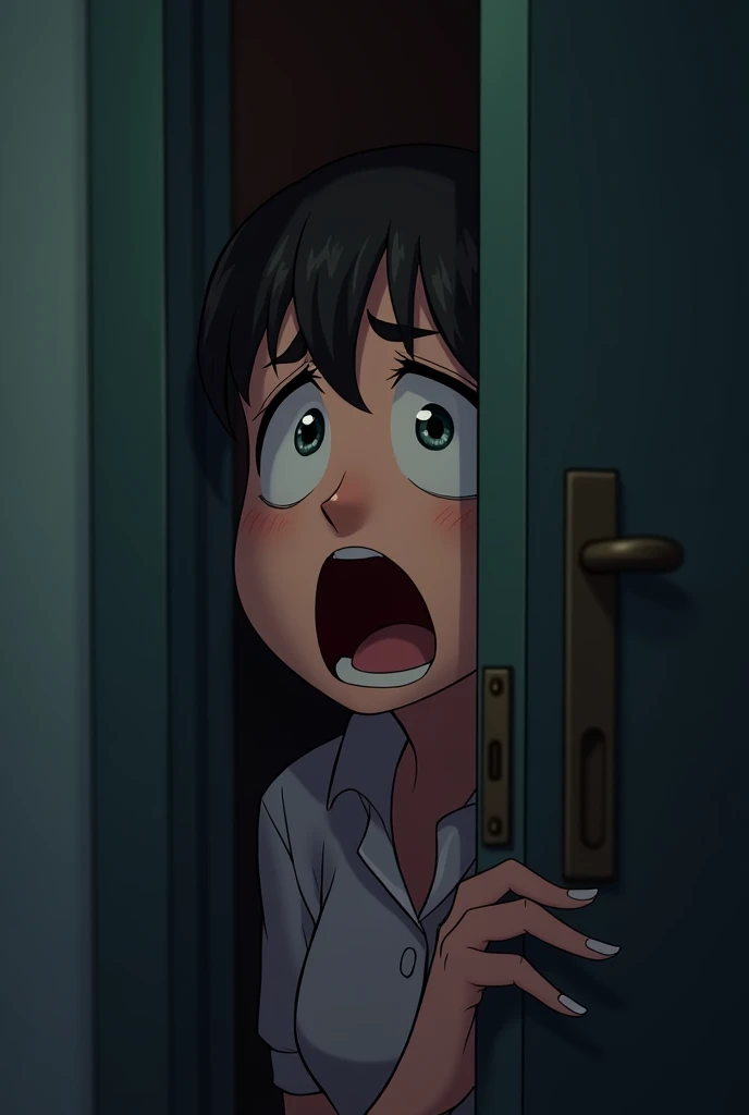 In cinematic cartoon style " Character Details:Nira: Position Nira peering out from behind the door, her face expressing fear and anxiety. Her eyes should convey terror.