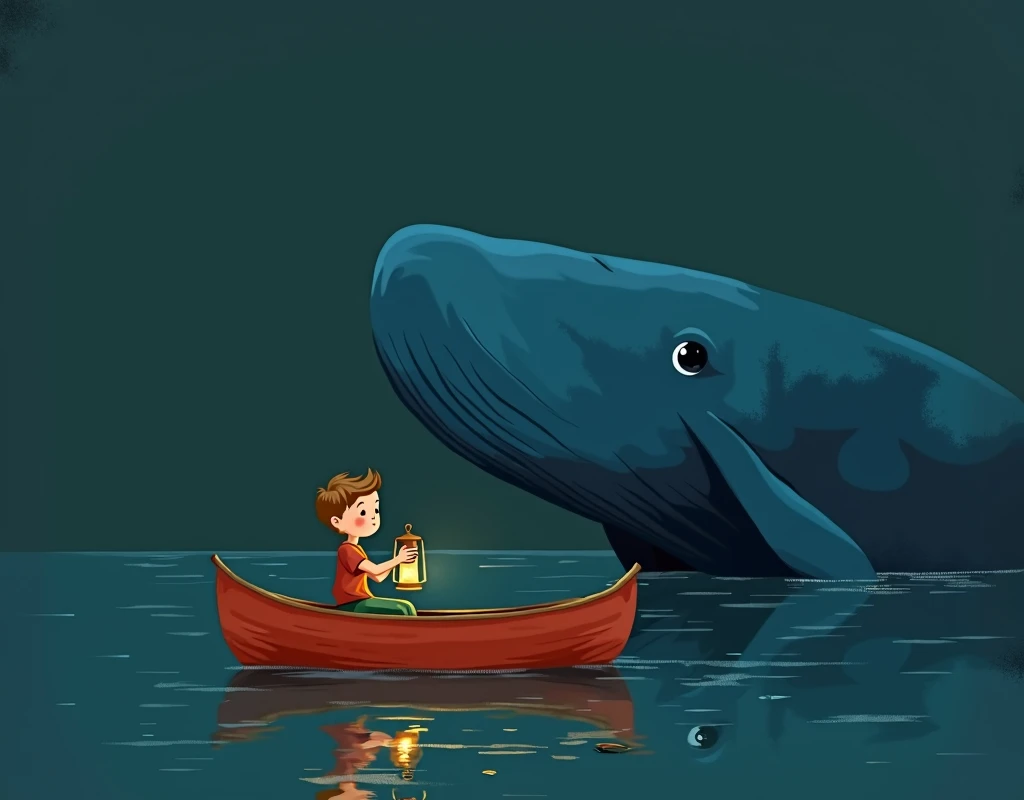 Flat, illustration, simple, quiet colors: a serene and surreal scene. A boy is sitting alone in a small red rowboat, holding a lantern, warm lighting, the boat floats calmly on dark, reflective waters. The atmosphere is peaceful and quiet, with a large, blue whale emerging from the water in the background. its eye gently watching the boy in the boat., oliver jeffers style, masterpiece
