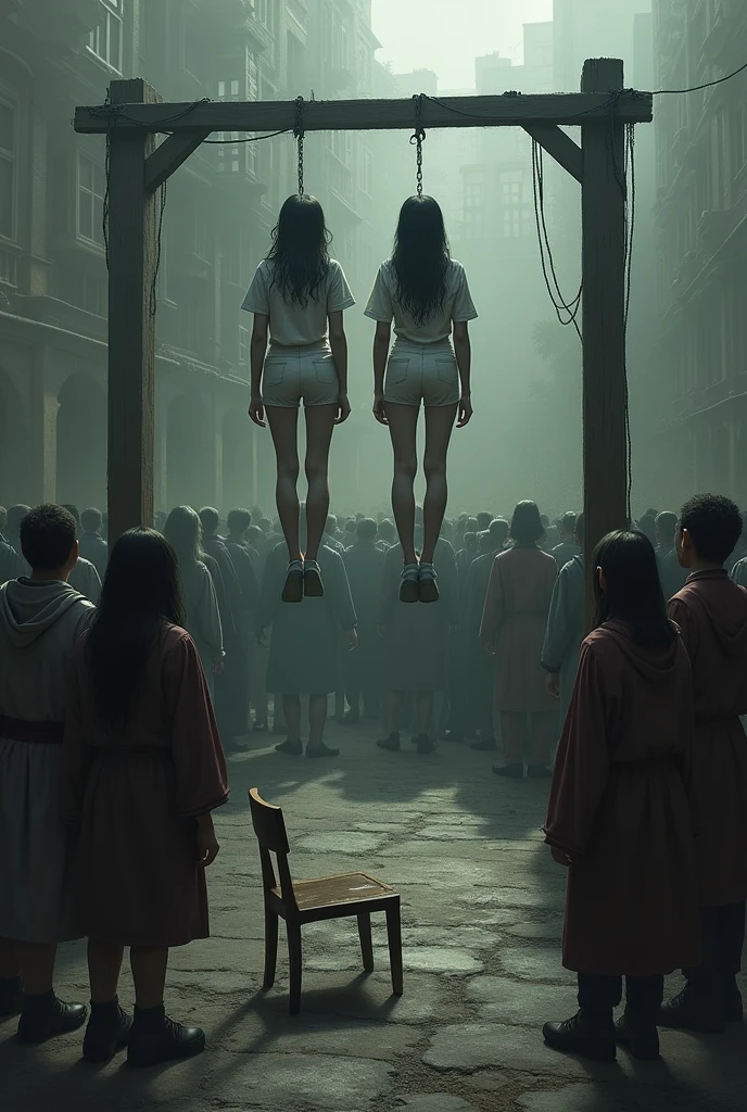 Scene of two girls in white pants,hanged, gallows, many people around, chair falls to the ground 