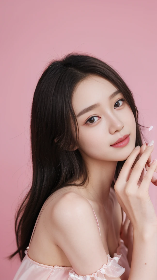 Photographic Fidelity, like々Beautiful, Pink Background, The light is shining in the center, Hands are placed on cheeks so nails are visible, Sweet and cute, Satin dress、White、the chest is hidden、Korean Girl Group Style, Fair skin , Rich movement, Cute smile, Intricate details, Global Illumination, Transparent light and shadow, Studio Lighting, Depth-of-field blur, OC Renderer, Ultra-high definition style expressive, Cute pink nail designs