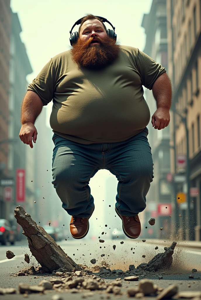 Fat man with a beard and headphones jumped and broke the road