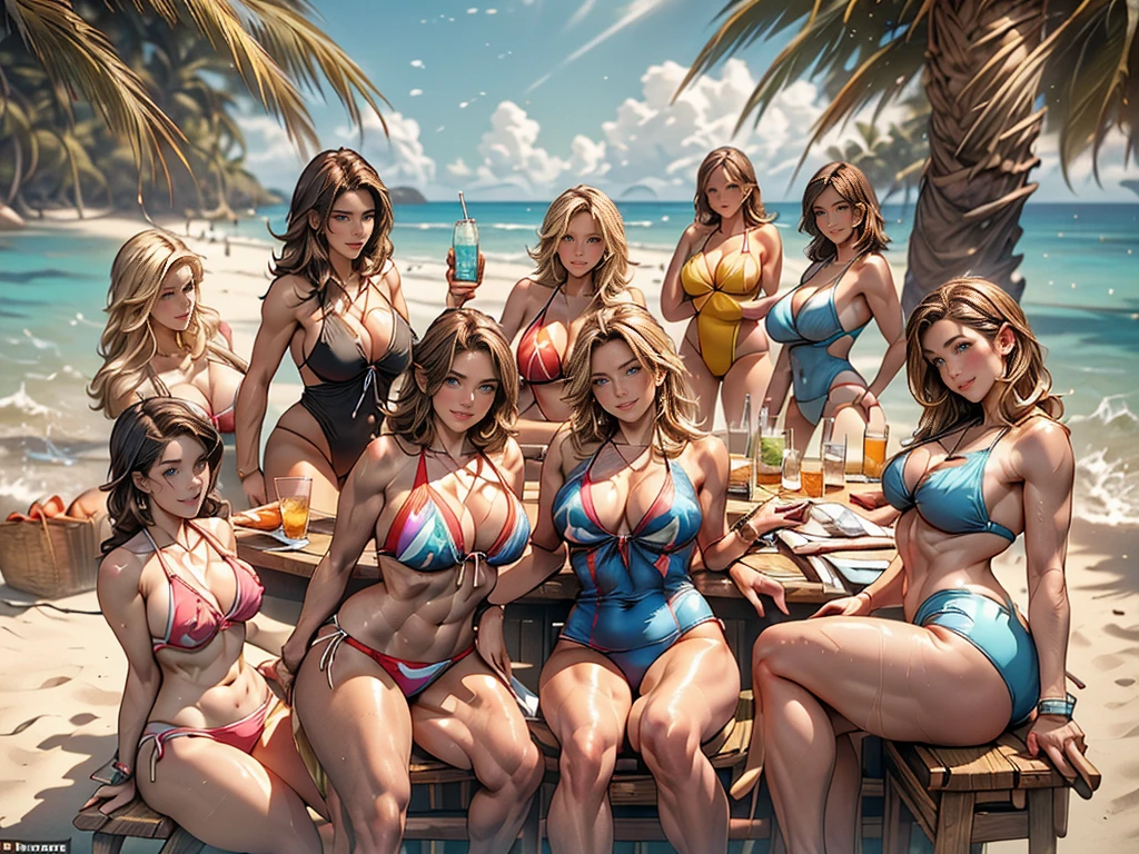 (very detailed, 4k, photorealistic),(camera shot from the back, focusing on midsection and below), ((5 mature woman in different swimsuits of many colours, Group photo:1.4), (crowded beach bar scene), sitting facing away from the viewer, sexy bums, girls bending over a beach bar, (female bartender in bikini top behind the happy serving drinks), slighshot swimsuit, bikinis, 1 piece swimsuits, topless, sweating. (detailed face, detailed features, detailed eyes, detailed nose, detailed mouth), rounded bums, thongs, string bikinis, focused on bums, blonds, brunettes, redheads, (classroom: 1.1)