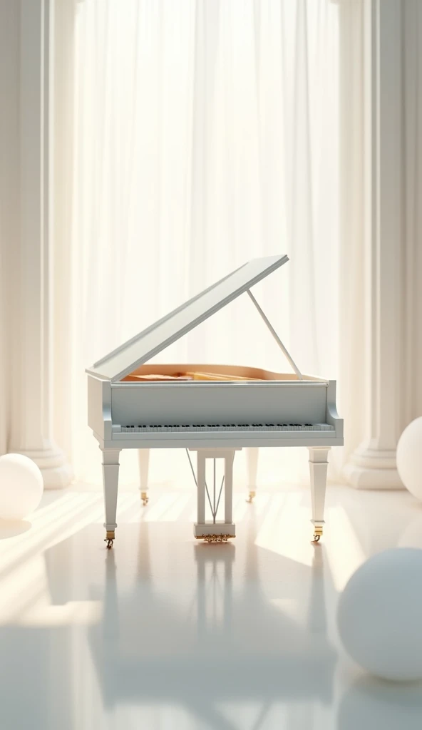 (Romantic light,Ultra-detailed:1.2)White grand piano,Soft focus,Bright scene,Masterpiece:1.2,White tones,Emotions, Emotions,Chinese painting style,Luxury materials,high resolution,Portrait,Classic composition,Piano melody