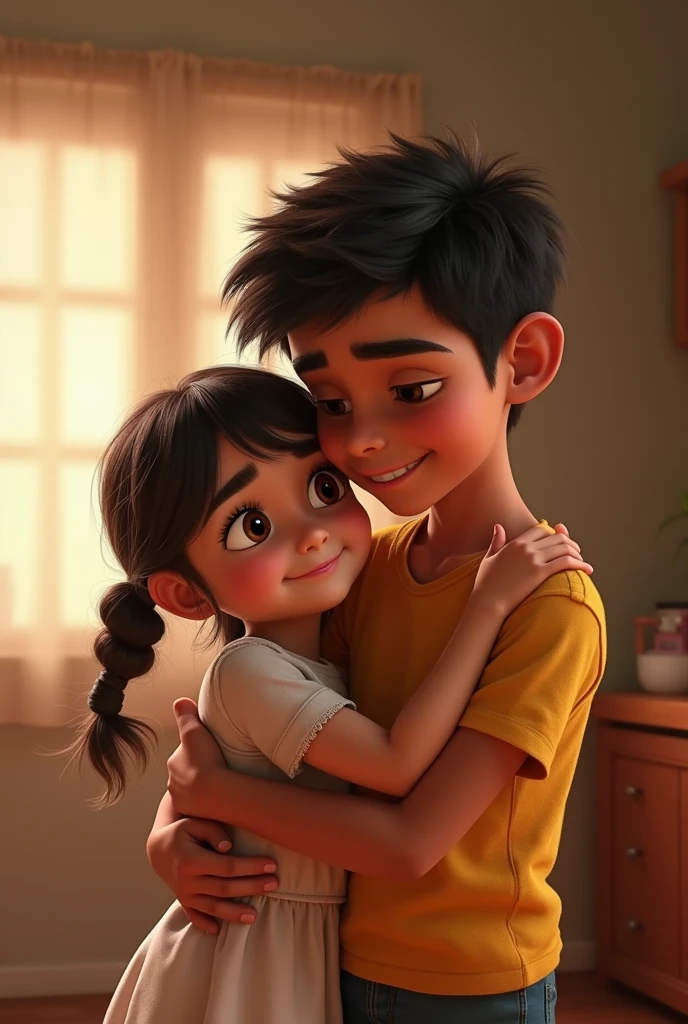  Latino boy hugging his  sister, Pixar style