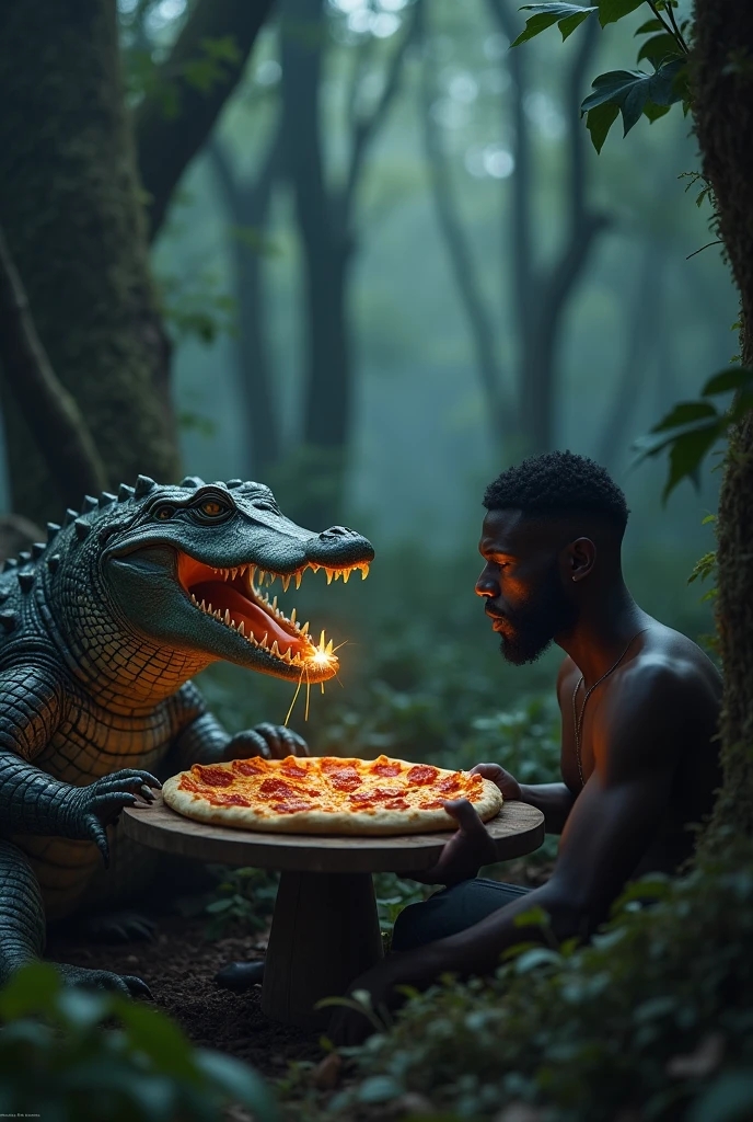 Crocodile and black man eat pizza at night in dark forest