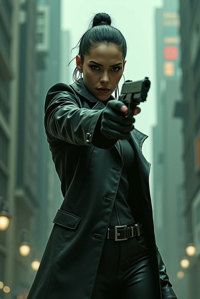 arafed woman holding a gun in a city with a skyscraper in the background, digital art by Hiroyuki Tajima, deviantart, neo-figurative, trinity from the matrix, trinity the matrix, in the new matrix movie, dramatic wielding gun pose, neo from the matrix, from matrix ( 1 9 9 9 )