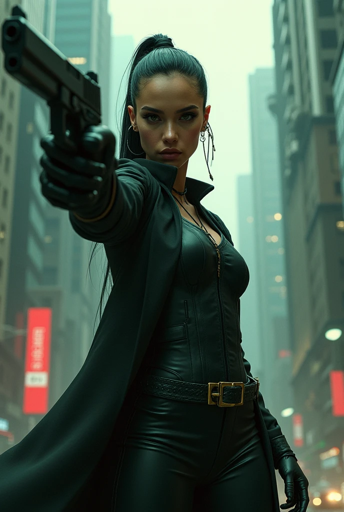arafed woman holding a gun in a city with a skyscraper in the background, digital art by Hiroyuki Tajima, deviantart, neo-figurative, trinity from the matrix, trinity the matrix, in the new matrix movie, dramatic wielding gun pose, neo from the matrix, from matrix ( 1 9 9 9 )