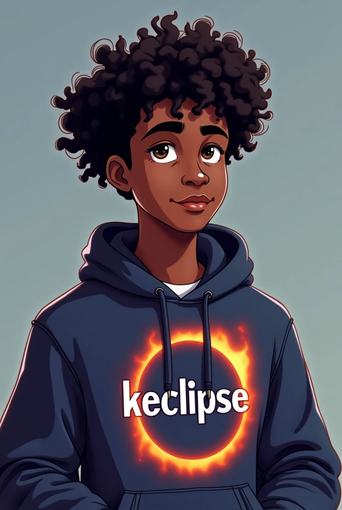 A black man with curly hair who has a hoodie and knows that it says KEclipse with an eclipse of the theme of the young  gamige who looks more animated masculine 