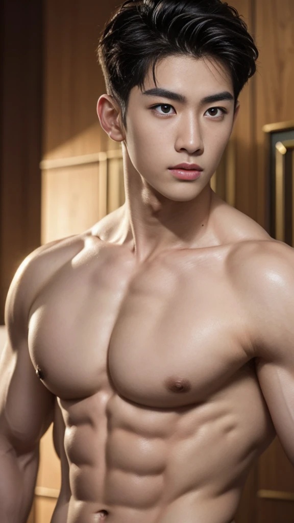 Mind control, hypnotic spiral, (masterpiece, ultra quality, high resolution, 8k, intricate: 1.2), (detailed face:1.2), handsome, Young Korean man, white skin, double eyelids, detailed skin, 1boy, ((realistic)), abs, good lighting quality, muscle veins, ((pale skin)), side view, lust face, (hypnotic), (viewer pop:1.3), full body shot,