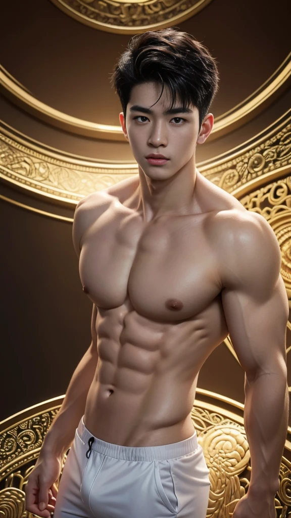 Mind control, hypnotic spiral, (masterpiece, ultra quality, high resolution, 8k, intricate: 1.2), (detailed face:1.2), handsome, Young Korean man, white skin, double eyelids, detailed skin, 1boy, ((realistic)), abs, good lighting quality, muscle veins, ((pale skin)), side view, lust face, (hypnotic), (viewer pop:1.3), full body shot,
