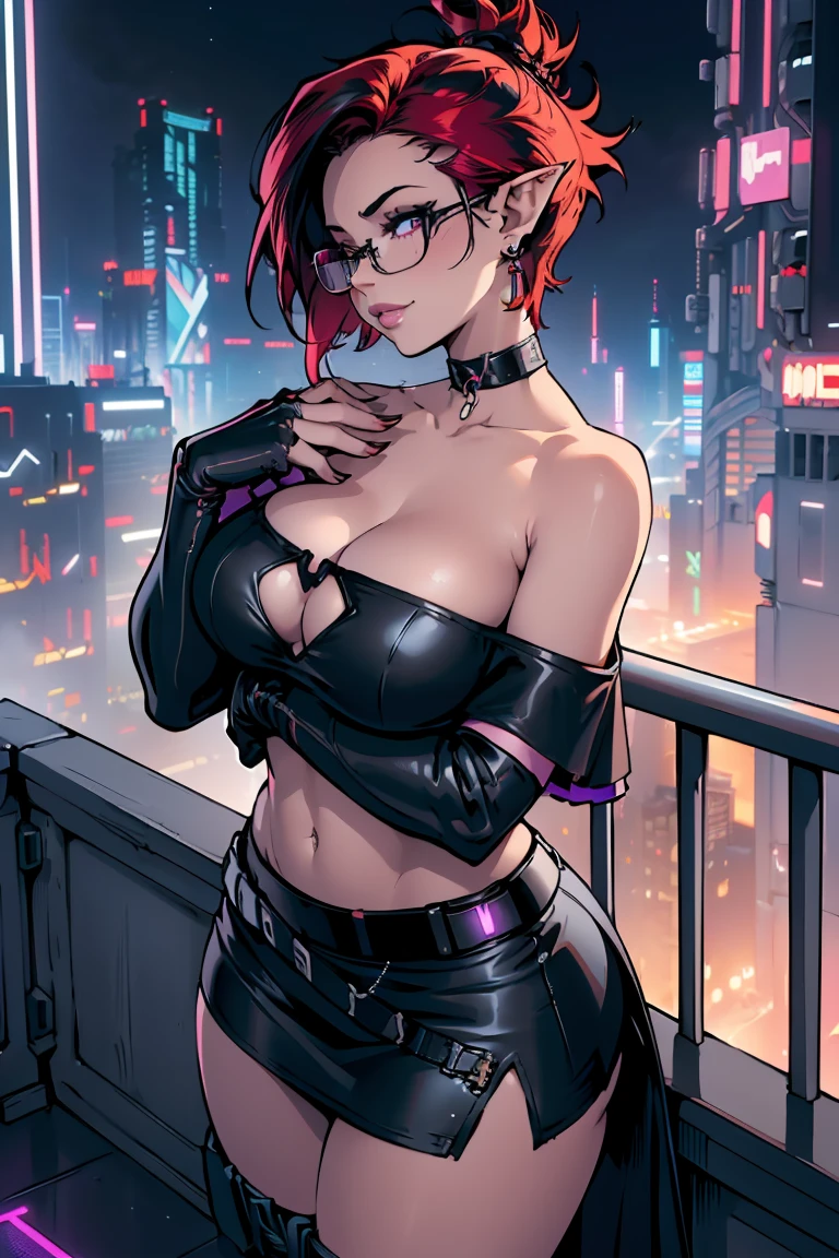 1girl, beautiful elf woman, ((Short Red Hair, Straight, has shine)) Blue eyes, double eyelids, light effect on eyes, detailed irises, beautiful curvy body, glasses, ((Off the Shoulder sleeveless Black top with mini skirt: 1.5)), black choker, black panties, black high heels, ((Work of art, hyper-realistic, hyper detailed, Best Quality, 16k, light and shadow on skin, vivid colors)), ((standing at balcony overlooking cyberpunk city, hands resting on balcony leaning onto it: 1.5)), Lustful Expression, ((Hands resting on top of chest)) perfect lips, sexy mature face, lots of freckles all over body, full pouty lips, extreme blush, sensual smile, ((Night)), moonlit sky, Flirting with the viewer, Looking at viewer, Flirty Lewd Smile, ((Large Breasts: 1.2)) ((Full Side View))