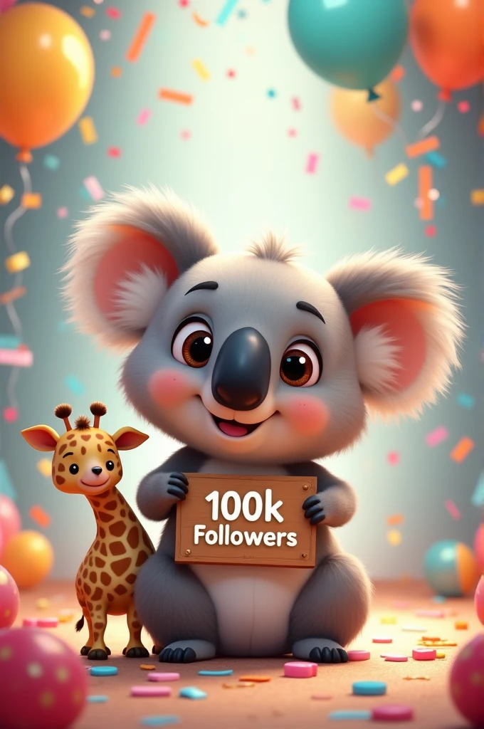 Image of an animated koala with a 100k followers sign with a small giraffe on his shoulder. With confetti and balloons in celebration mode. super cute