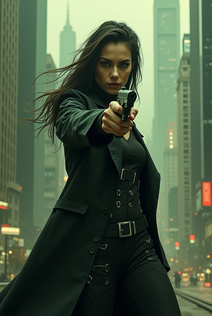 arafed woman holding a gun in a city with a skyscraper in the background, trinity from the matrix, trinity the matrix, in the new matrix movie, dramatic wielding gun pose, neo from the matrix, from matrix(1999), from matrix ( 1 9 9 9 ), matrix), matrix ), agents from the matrix movie, matrix movie color grading