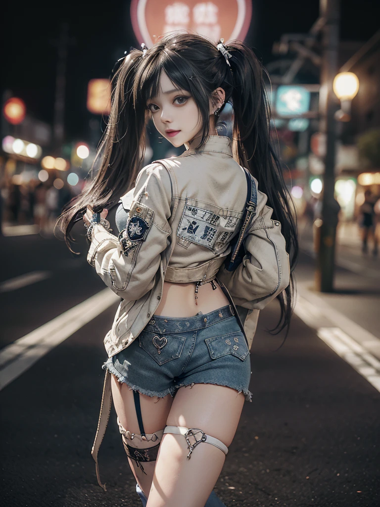 (Full body image:1.2)、(Side view:1.1)、(Smiling with teeth showing:1.3),(Shibuya Gal:1.5)、(Hostess:1.4)、(Neo-Goth Fashion:1.5)、(Punk Rock Visual Kei:1.3)、(Futuristic white baby doll, Beige and denim:1.5)、(Delicate denim short jacket, Beige and navy:1.5)、(denim garter belt:1.5)、(Denim and white cargo pants:1.3)、(Heart-shaped silver accessories:1.5)、(Brown Skin Belt:1.4)、(Blue High Heels:1.4)、(Lace Underwear:1.4)、20-year-old、Browsing Caution,((Highest quality、In 8K、masterpiece:1.3))、Sharp focus:1.2、(Layered Cut、Huge boobs:1.1),Beautiful woman with perfect figure:1.4、(Posing as a gravure model:1.3)、Slim Abs:1.2、Butt、Highly detailed face and skin texture、Detailed eyes、double eyelid,(Twin tails:1.3)、(Black brown hair:1.3)、Obscene、idol carving、(A luxurious amusement park at night:1.3)、(Slimming your legs:1.4)、(Thin thighs:1.4)、(the body is slim:1.3)、(clavicle:1.1)
