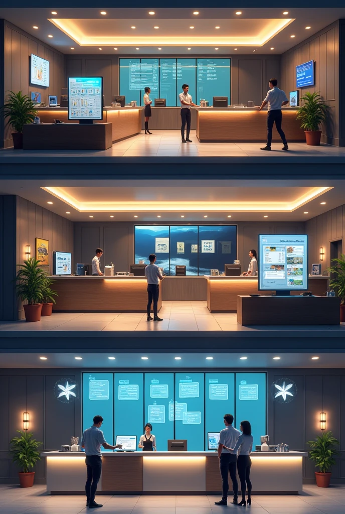Generate a image of all hotel front office equipment which contains automated semi automated and manual equipments separately in one image