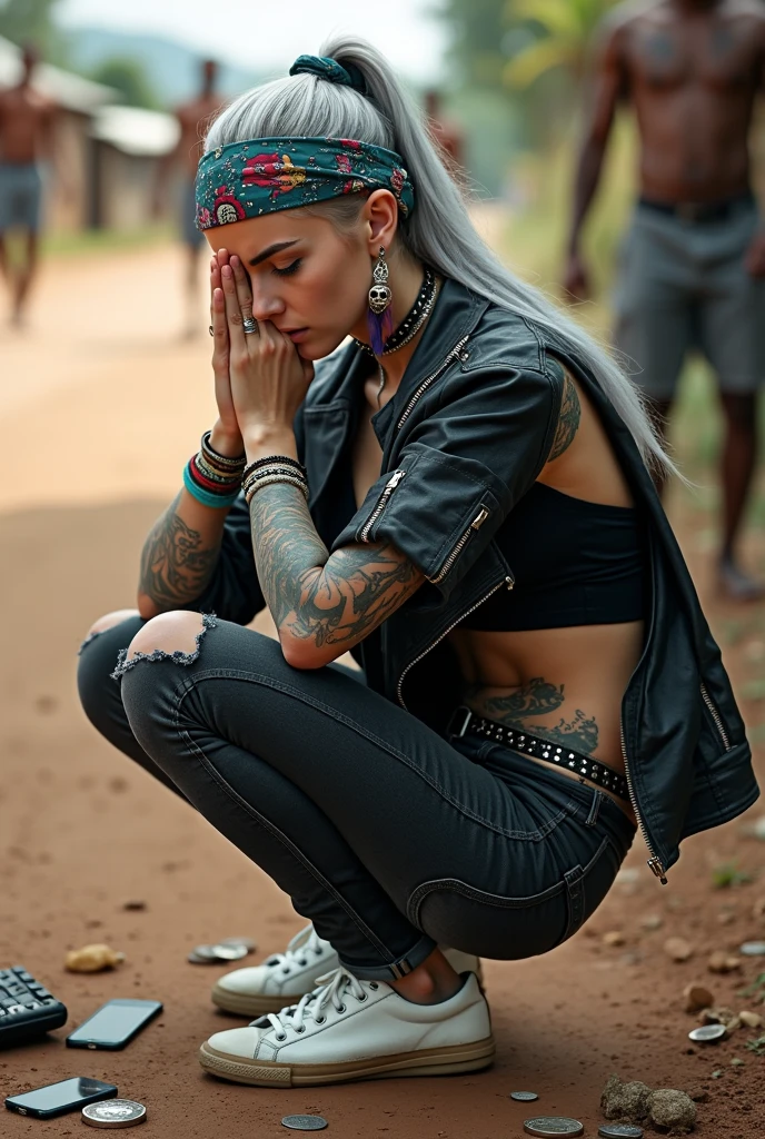 russian milf woman, grey hair (middle part, shaved sides, ponytail) and oversize colourful bandana as headband, with very light blue eyes, extremely pale. Wearing  cropped black cracked moto jacket with lots of zippers and pins, black push up bra with white seams, dark skinny blue jeans with holes in knees. Dirty white tennis sneakers  . Studded Choker. Lots of metallic bracelets and  colourful collars. Tacky wide studded leather belt with oversized skull and bones buckle. Long bohemian earrings with feathers. Squatting like in a payer, looking at the camera. Shy, humble facial expression. Hands on her knees,  studded black leather tote bag with chains next to her  Listening in amazement to somebody speaking to her, Toned abdominals, thin neck, slim legs and thin arms. Chest, neck and hands tattoed heavily.  Dirt road in Kenia village, crowded with shirtless men in jeans. next to her, coins , mobile, lipstick, makeup kit and sunglasses and all her belongings scattered on the floor
