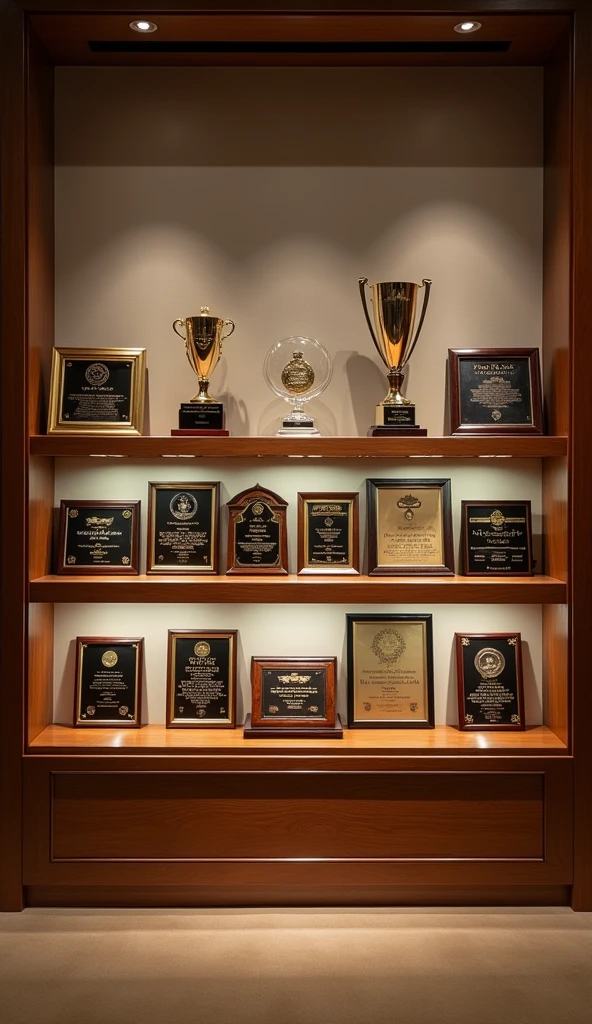 A collection of awards and honors Bill Gates has received over the years for his contributions to technology and philanthropy, displayed in a gallery or on a shelf.