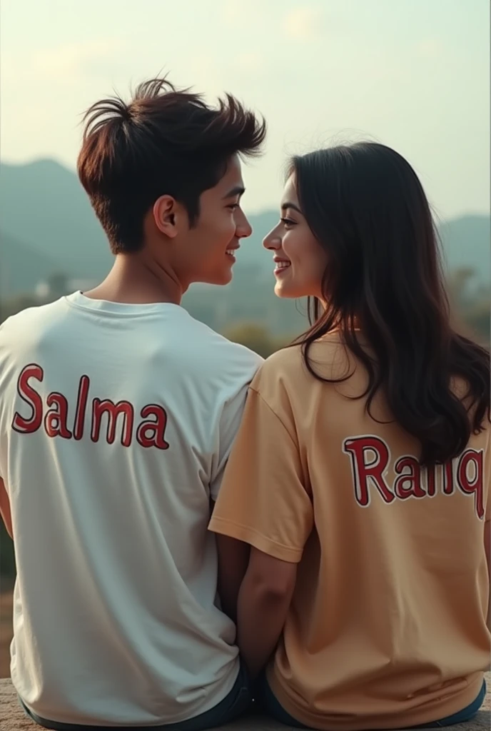 Two lover sitting a sight and boy clothes name printed "Salma" and girl name printed "Rafiq"
realistic photo