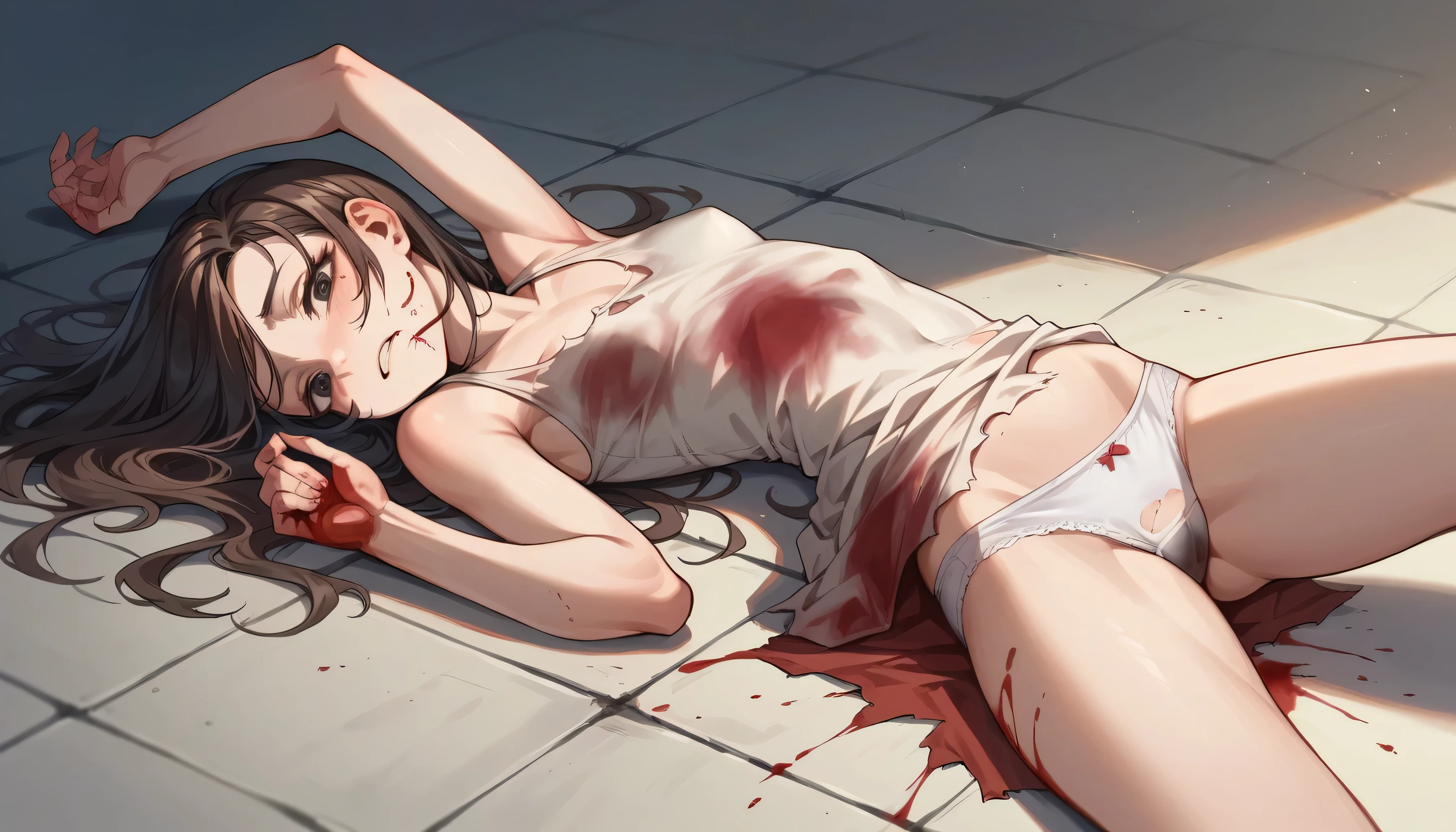 a small breasted Brazilian zombie brunette girl, lying on the city floor wearing a black, blood stained dress, ripped exposing her white panties