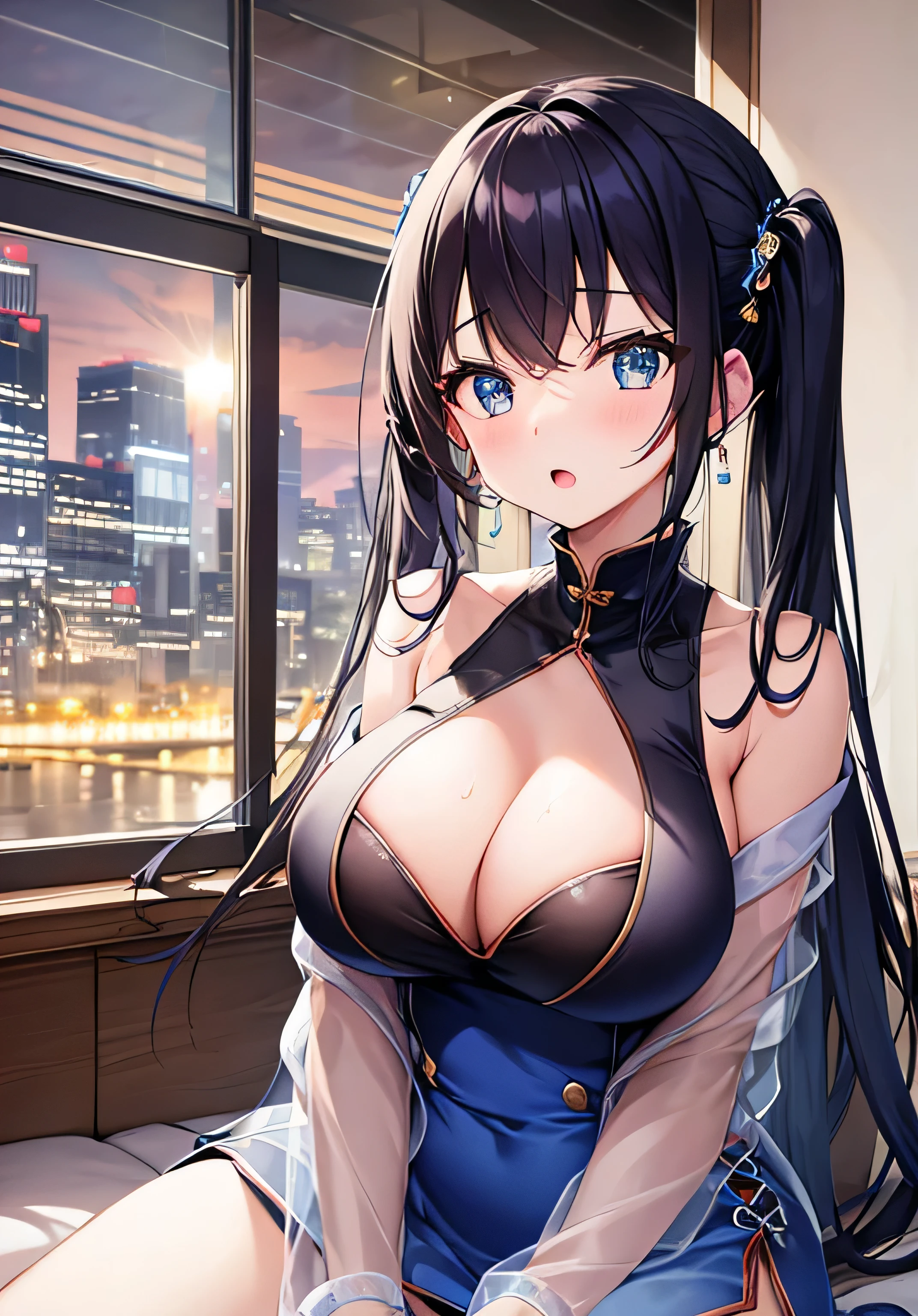 masterpiece、Highest quality、Ultra-high resolution、nsfw、age girl with big breasts、twin tail hairstyle、black hair、Red face、shyly、open your mouth just a little、Blue cheongsam dresses with visible cleavage for teengirls、Blue Mini Tight Skirt with Slit、Blue Form-fitting dresses with visible cleavage for teenage s、sit on the sofa、Inside an hotel with a night view of a high-rise building、at night time