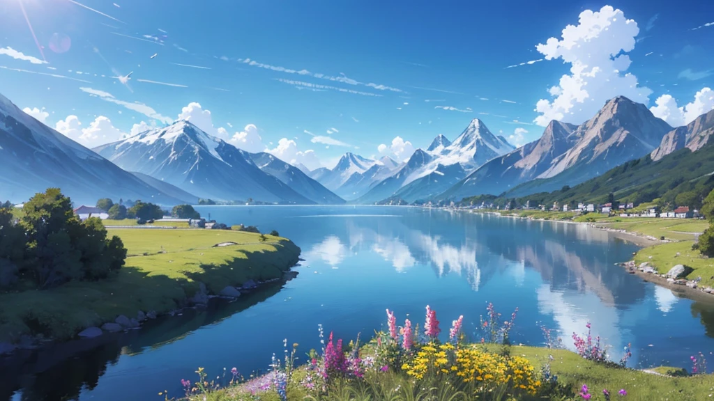 In a vibrant, anime-style world with a visual quality reminiscent of the film 'Your Name,' the scene reveals a vast, rolling landscape of lush green fields bathed in the bright sunlight of a clear day. The hills are dotted with colorful, blooming wildflowers that sway gently in the breeze, adding a lively touch to the scenery. In the distance, majestic, snow-capped mountains rise against a brilliant blue sky, their peaks shimmering under the sun. A crystal-clear lake reflects the sky and surrounding landscape, enhancing the sense of tranquility and beauty. The overall atmosphere is bright and cheerful, with rich, vivid colors capturing the essence of a perfect, sunlit day, evoking the magical realism and stunning visuals of top-tier anime films.