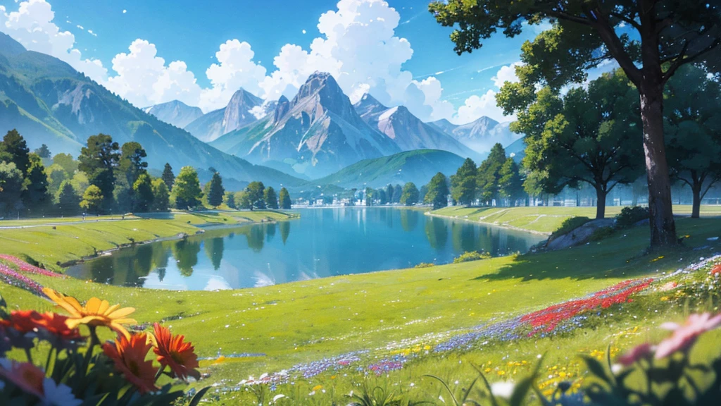 In a vibrant, anime-style world with a visual quality reminiscent of the film 'Your Name,' the scene reveals a vast, rolling landscape of lush green fields bathed in the bright sunlight of a clear day. The hills are dotted with colorful, blooming wildflowers that sway gently in the breeze, adding a lively touch to the scenery. In the distance, majestic, snow-capped mountains rise against a brilliant blue sky, their peaks shimmering under the sun. A crystal-clear lake reflects the sky and surrounding landscape, enhancing the sense of tranquility and beauty. The overall atmosphere is bright and cheerful, with rich, vivid colors capturing the essence of a perfect, sunlit day, evoking the magical realism and stunning visuals of top-tier anime films.
