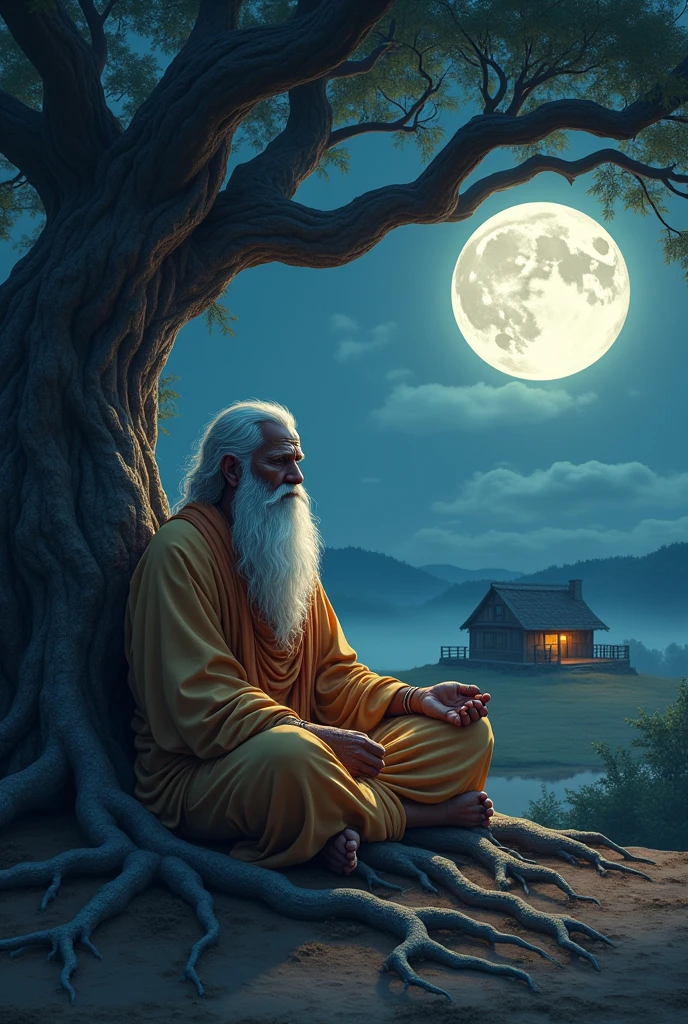Old old bramhana person meditating at night time under the tree with full moon besides a wooden house