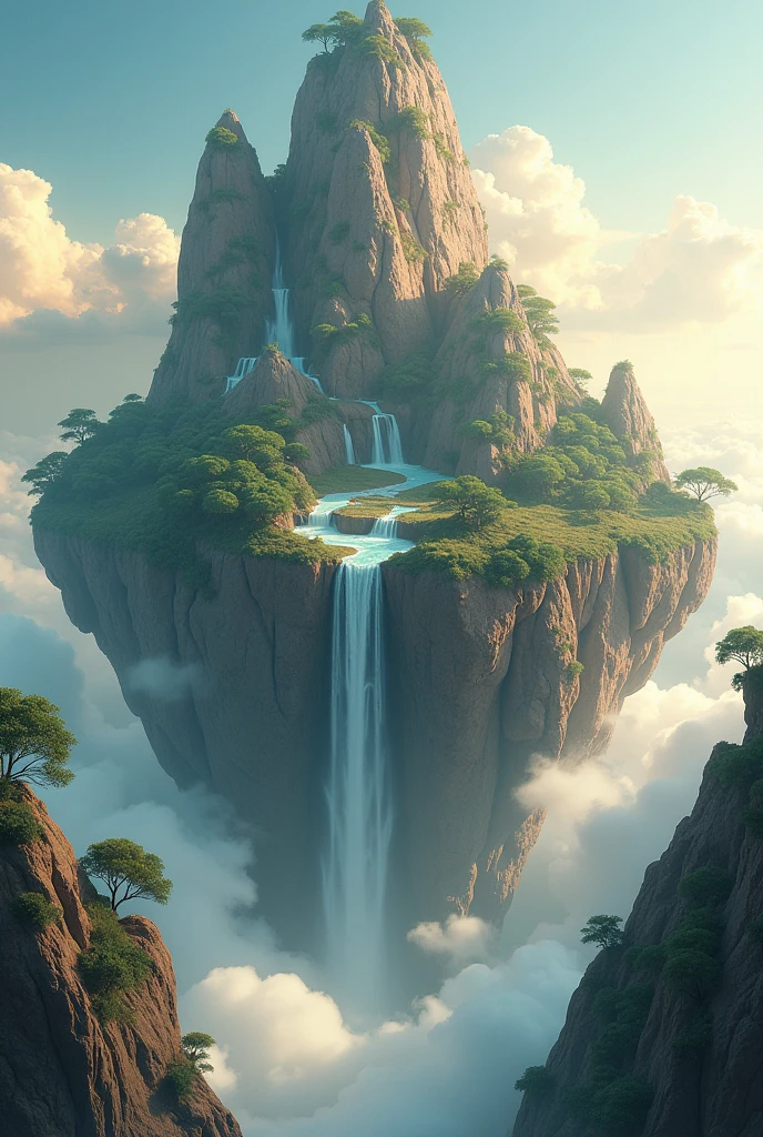 Create a flying mountain image with different geological rock materials, waterfalls, trees, and grass.,Floating in the sky, There is a waterfall, stillness, peace, (best quality,4K,8ก,height,Masterpiece:1.2),Very detailed,(realistic,photorealistic,photo-realistic:1.37),Stunning mountain landscapes,Serene atmosphere,Warm golden light,Amazing sky with clouds, ,Beautiful scenery