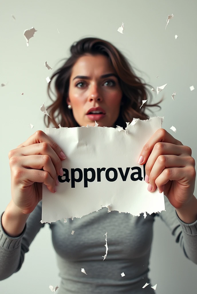 Image Idea 1: A person tearing up a paper with the word "approval" on it, symbolizing the rejection of seeking validation.