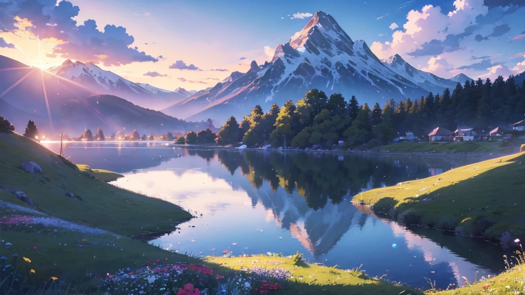 In a vibrant, anime-style world with a visual quality reminiscent of the film 'Your Name,' the scene reveals a vast, rolling landscape of lush green fields bathed in the bright sunlight of a clear day. The hills are dotted with colorful, blooming wildflowers that sway gently in the breeze, adding a lively touch to the scenery. In the distance, majestic, snow-capped mountains rise against a brilliant blue sky, their peaks shimmering under the sun. A crystal-clear lake reflects the sky and surrounding landscape, enhancing the sense of tranquility and beauty. The overall atmosphere is bright and cheerful, with rich, vivid colors capturing the essence of a perfect, sunlit day, evoking the magical realism and stunning visuals of top-tier anime films.