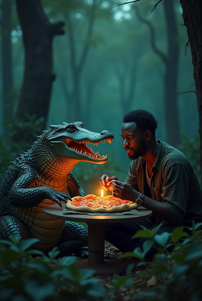 Crocodile and black man eat pizza at night in dark forest