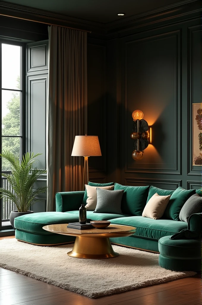 Black colour spacious living room attached balcony with bottle green and golden sofa and dinning table 